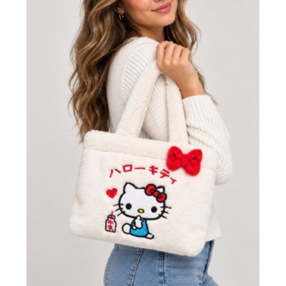 Sanrio White Faux Fur Plush Kawaii Embroidered Red Bow Hello Kitty Tote Bag